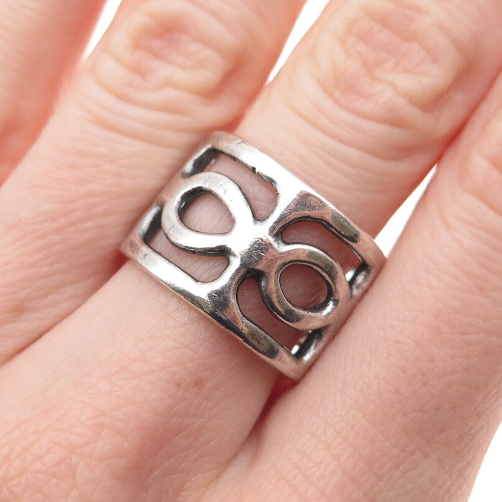 925 Sterling Silver Vintage Modernist Ornate Oxidized Wide Band Ring Size 8